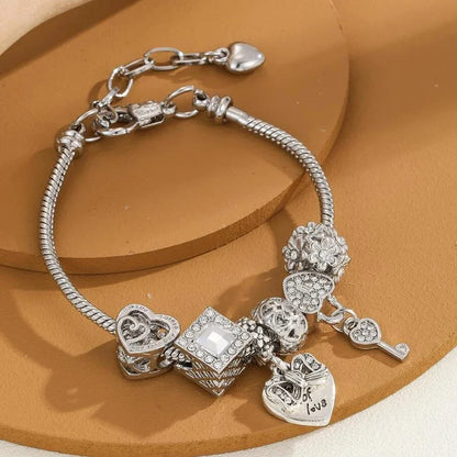 Obega Love Heart Flower Glass Pendant Bracelet – Classic Pink & White Crystal Stone, Adjustable Bead, Silver/Gold Color
