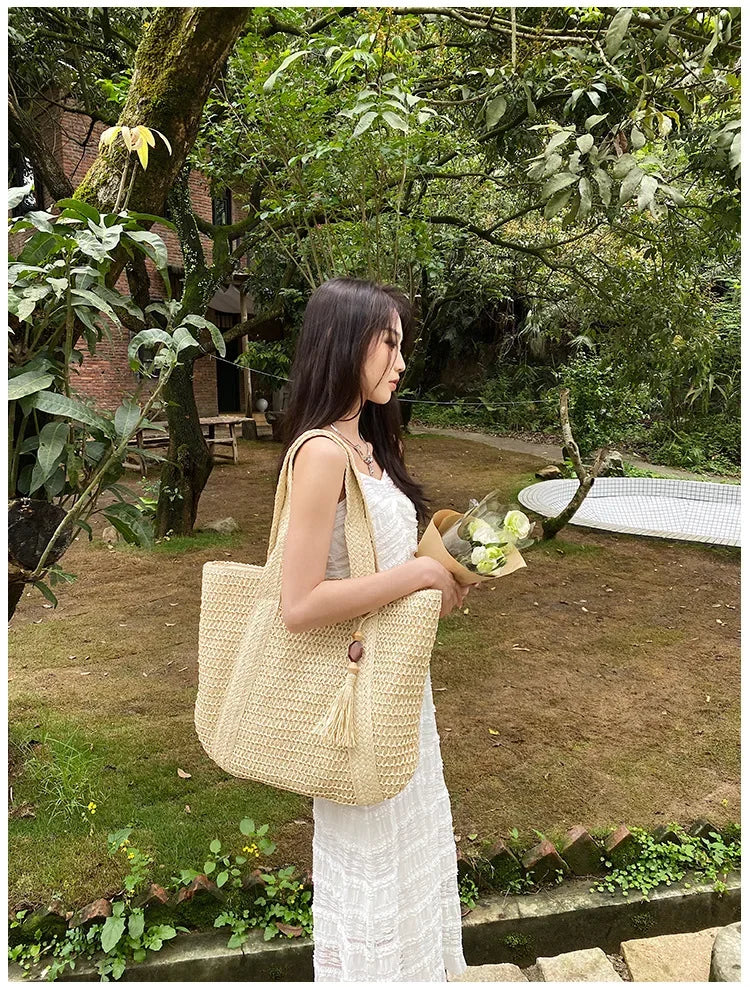 Elegant Straw Woven Handbag – Women’s Retro Beach & Casual Tote Top-Handle Shoulder Bag 2024