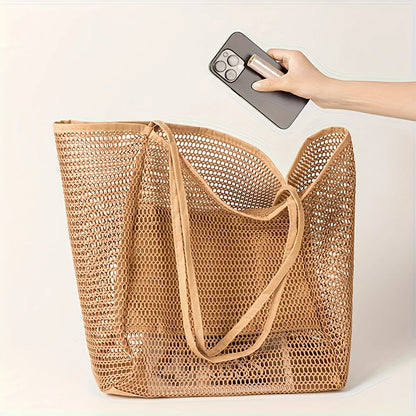 Women's Large Capacity Beach Tote Bag - Durable Polyester Woven Shoulder Bag for Travel & Shopping