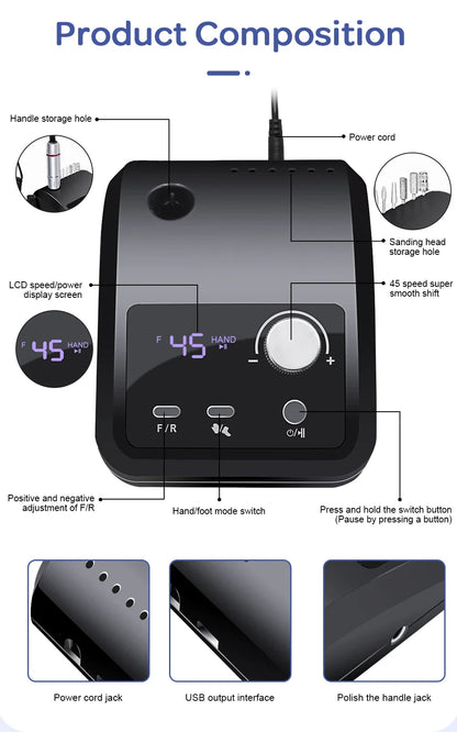 45000 RPM Electric Nail Drill Machine, Professional Metal Manicure Pen, HD Display Nail File & Sander for Nails
