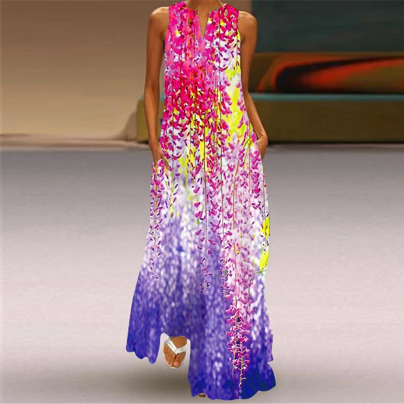 Vintage Boho Maxi Dress - Women's Summer V Neck Sleeveless Long Sundress with Pockets