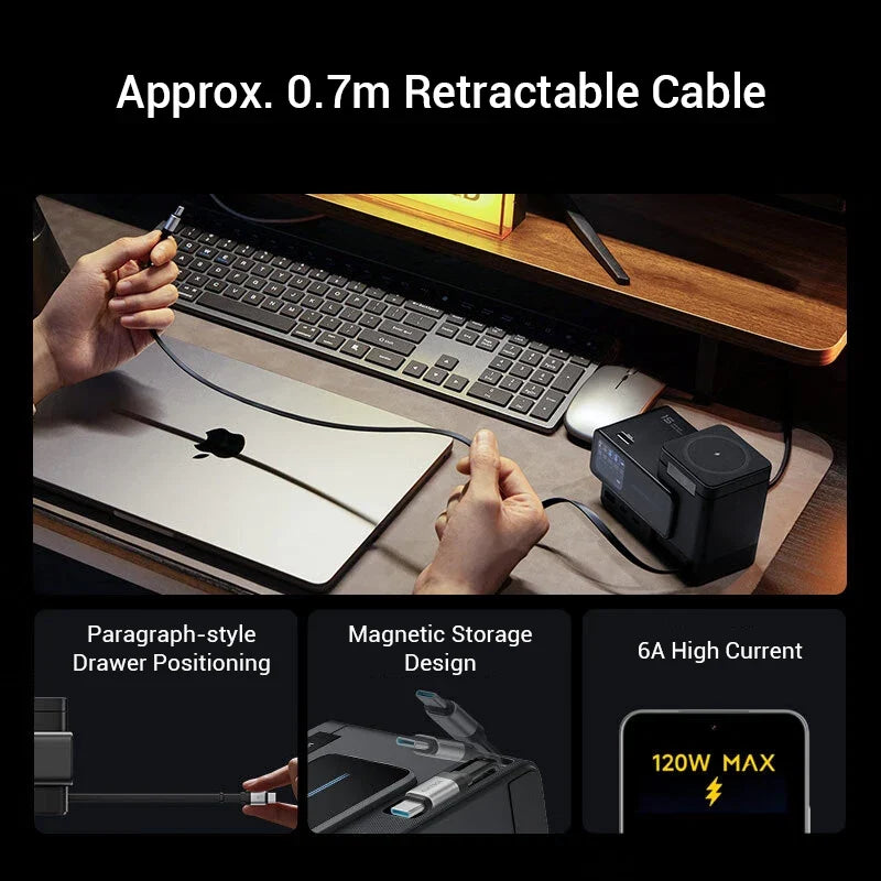 CUKTECH 15 Charging Station - 140W GaN USB-C Fast Charger with Retractable Cable TFT Display Wireless Charging for Xiaomi iPhone MacBook Laptop