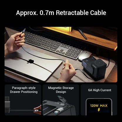 CUKTECH 15 Charging Station - 140W GaN USB-C Fast Charger with Retractable Cable TFT Display Wireless Charging for Xiaomi iPhone MacBook Laptop