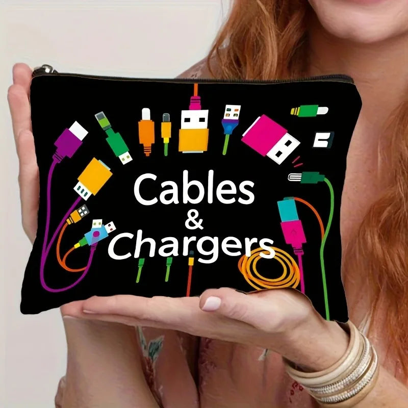Vibrant Cable & USB Storage Bag - Durable Zipper Pouch with "CHARGERS" Print
