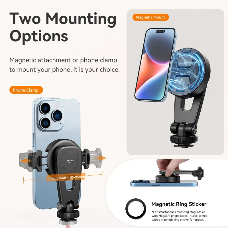Ulanzi MA47 Magsafe Magnetic Phone Clamp – Universal Tripod Mount for iPhone 15/14/13/12 and Android, with 1/4" Screw and Cold Shoe