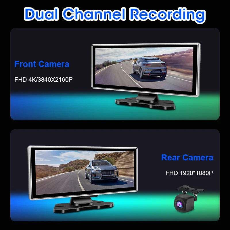11.26-inch 4K Car DVR Dash Cam – Dual Lens Wireless CarPlay & Android Auto, GPS Navigation, 5G WiFi, FM, AUX Video Recorder Monitor