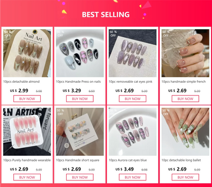 10 Pcs Handmade Short Square Press-On Nails – Full Cover Flower & Cat Eye Ballet False Nails Manicure Tips