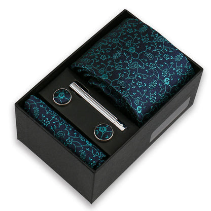 Men’s Fashion Tie Set Gift Box - 8cm Necktie with Handkerchief Cufflinks & Clip for Formal Business Suit Accessories