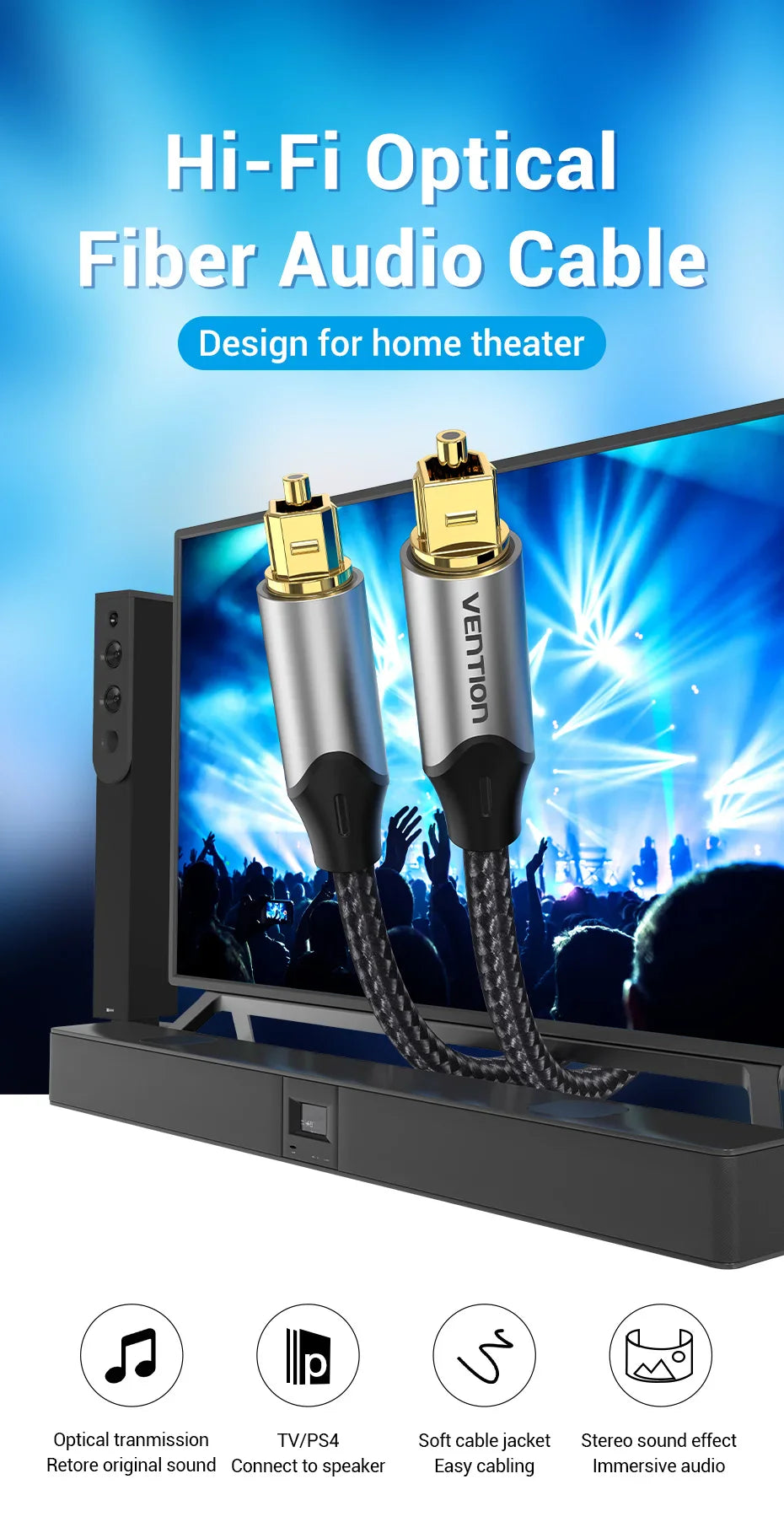 Vention Digital Optical Audio Cable – Toslink SPDIF Coaxial, 1m/2m for Amplifiers, Blu-ray, Xbox 360, PS4, Soundbar Fiber Cable