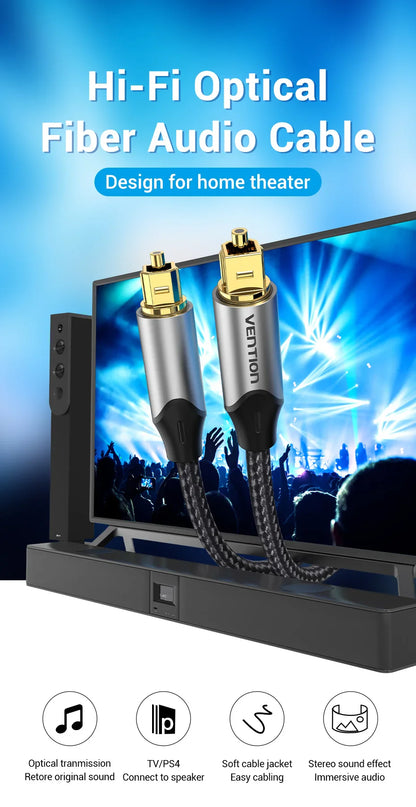 Vention Digital Optical Audio Cable – Toslink SPDIF Coaxial, 1m/2m for Amplifiers, Blu-ray, Xbox 360, PS4, Soundbar Fiber Cable