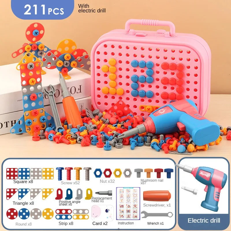 211PCS Kids Pretend Tool Kit - DIY Repair Toolbox with Toy Screwdriver & Educational Montessori Learning Games