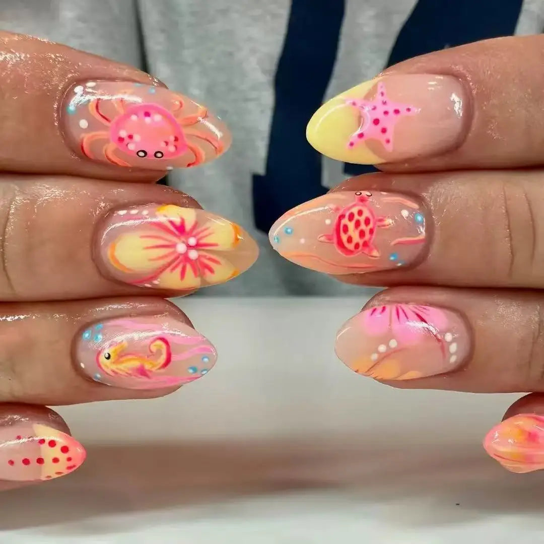 24pcs Goldfish Pattern Almond Press-On Nails – Simple Nude Pink Wearable Detachable False Nail Manicure Set