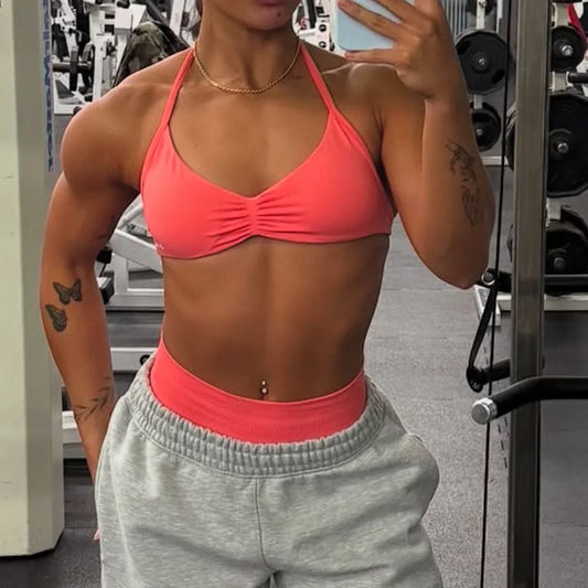 Impact Strappy Halter Sports Bra – Light Support Seamless Gym & Yoga Crop Top with Padding
