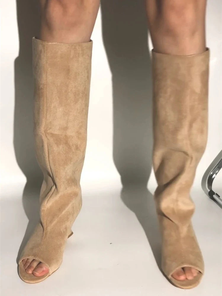 Women’s Knee-High Suede Boots - Peep Toe Wedge Heels for Party, Wedding & Versatile Style