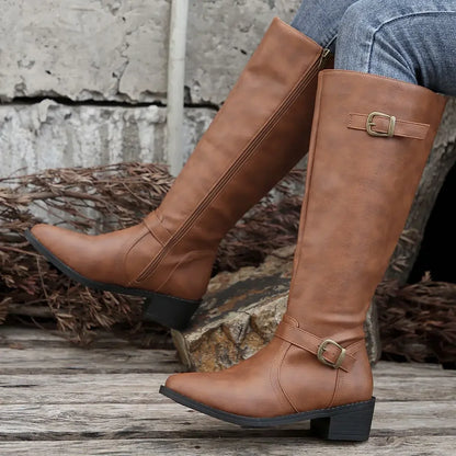 Women’s Winter High-Top Knight Boots – Side Zipper & Belt Buckle, Pointed Toe, PU Material with Cotton Lining