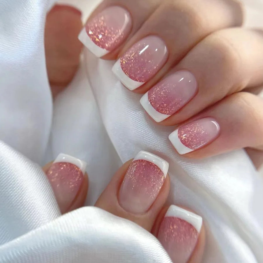 24Pcs Square Press On Nails - Nude White Gradient French False Nail Tips with Full Cover Short Design