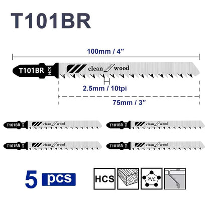 CMCP 5PCS T101BR Jigsaw Blades - T-Shank Wood Cutting Saw Blade Set for Woodworking Tools