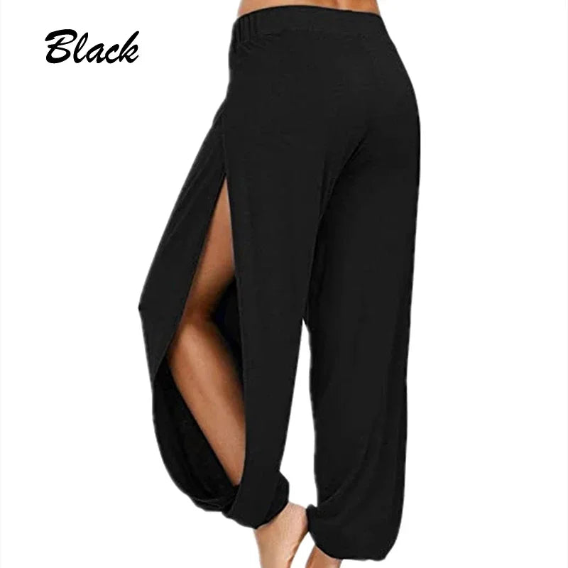 Women’s Summer High Slit Harem Pants – Loose Fit Wide Leg Yoga & Sports Trousers, Breathable Hippie Style Activewear