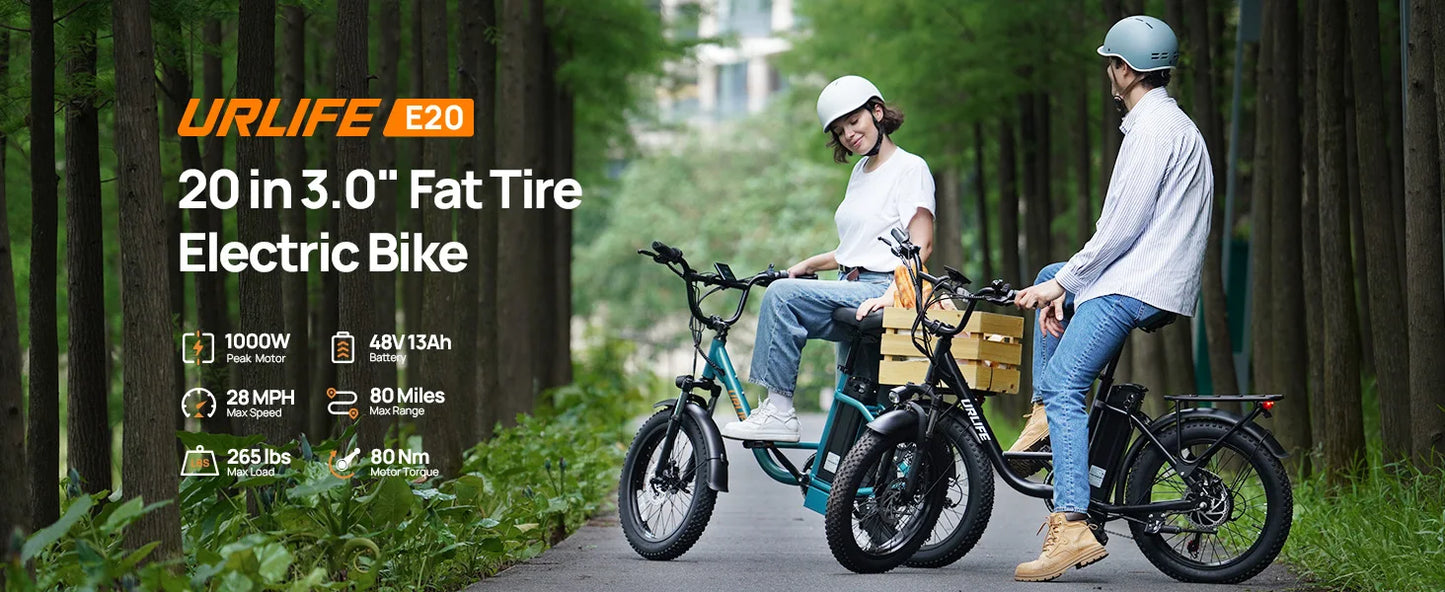 URLIFE E20 Electric Bike 1000W – 48V 13Ah Removable Battery, 20"×3" Fat Tire, 20MPH 7-Speed E-Bike with Dual Disc Brakes