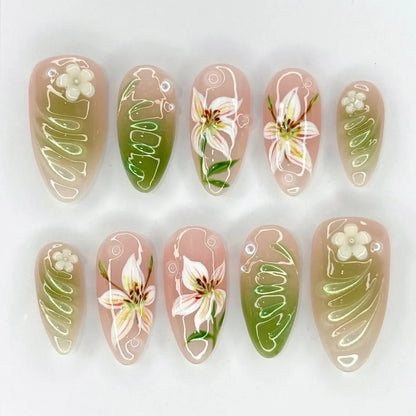 24PCS Strawberry Bow Press On Nails - Red Short Almond Pearl Starlight Floral False Nail Art Tips