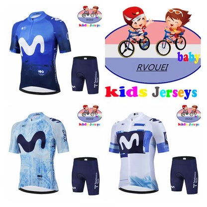 Kids Cycling Jersey Set - Baby Movistar Team Style Road Bike Shirt and Pants Suit for Boys and Girls MTB Riding
