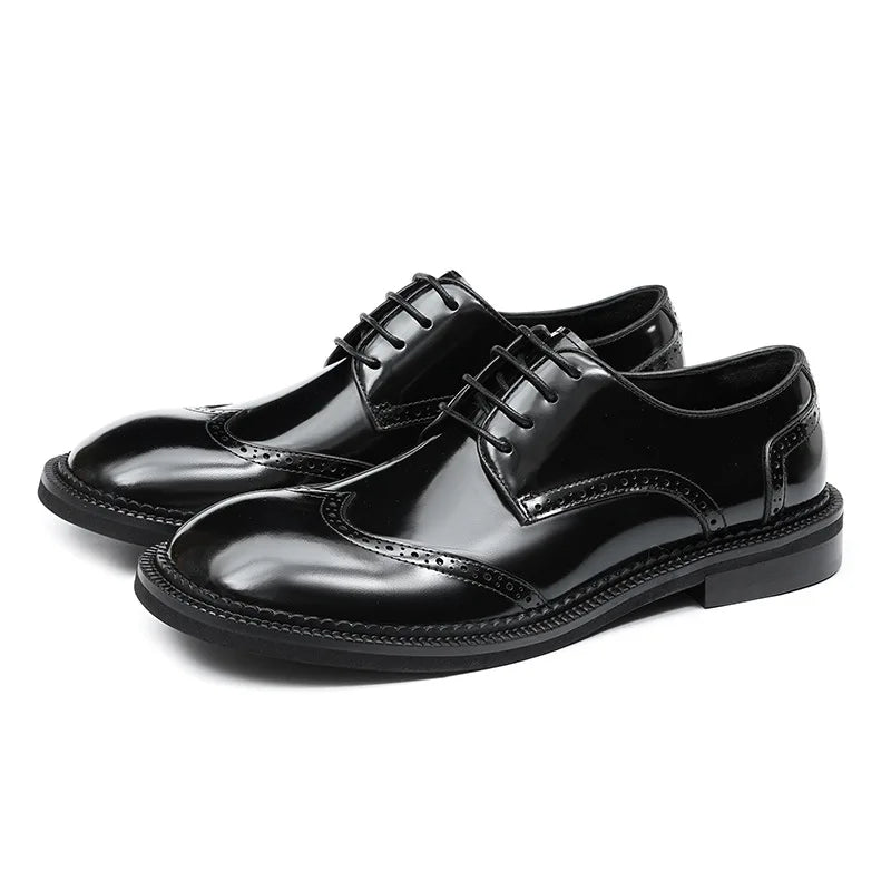 Men's Retro Genuine Leather Brogue Shoes - Handmade Round Toe Flat Dress Shoes for Weddings & Formal Occasions