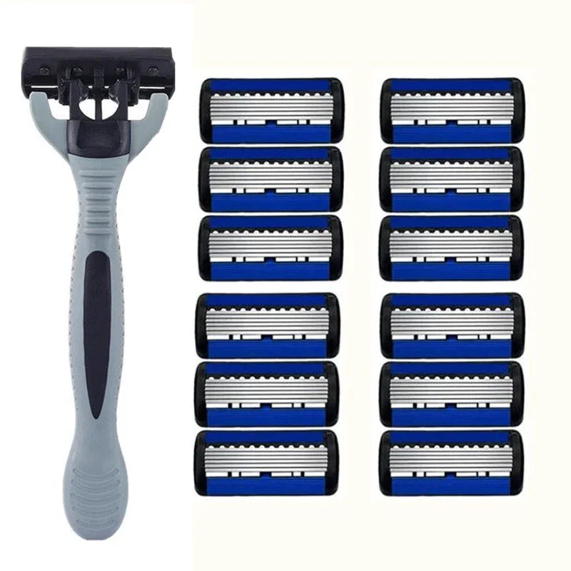Men’s Manual Safety Razor - 6-Layer Stainless Steel Replaceable Blade Head for Smooth Grooming and Shaving