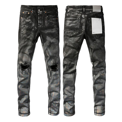 2025 Men’s High Street Ripped Skinny Jeans — Low Rise Blue Distressed Denim Fashion Repair Trousers 9003