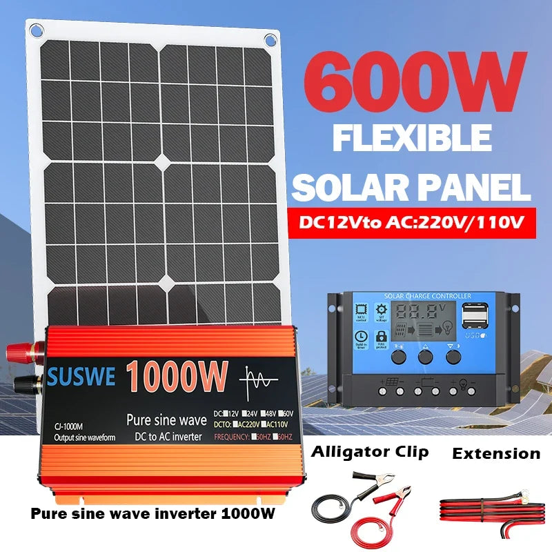 1000W Solar Power System Kit - 600W Solar Panel, 12V to AC 110V/220V Inverter & 100A Charge Controller