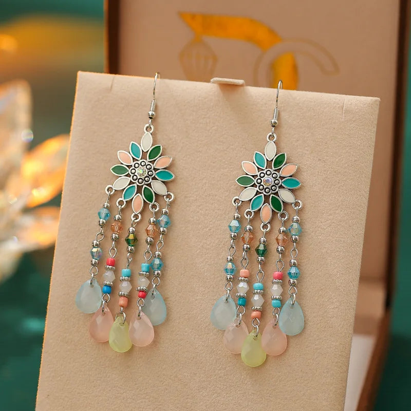 Bohemian Water Drop Tassel Earrings - Vintage Crystal Bead Long Dangle Jewelry for Women