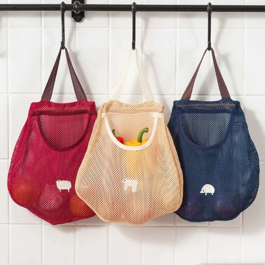 Reusable Hanging Mesh Storage Bag – Kitchen Fruit & Vegetable Organizer Net Bag for Onions, Garlic, Potatoes & Ginger