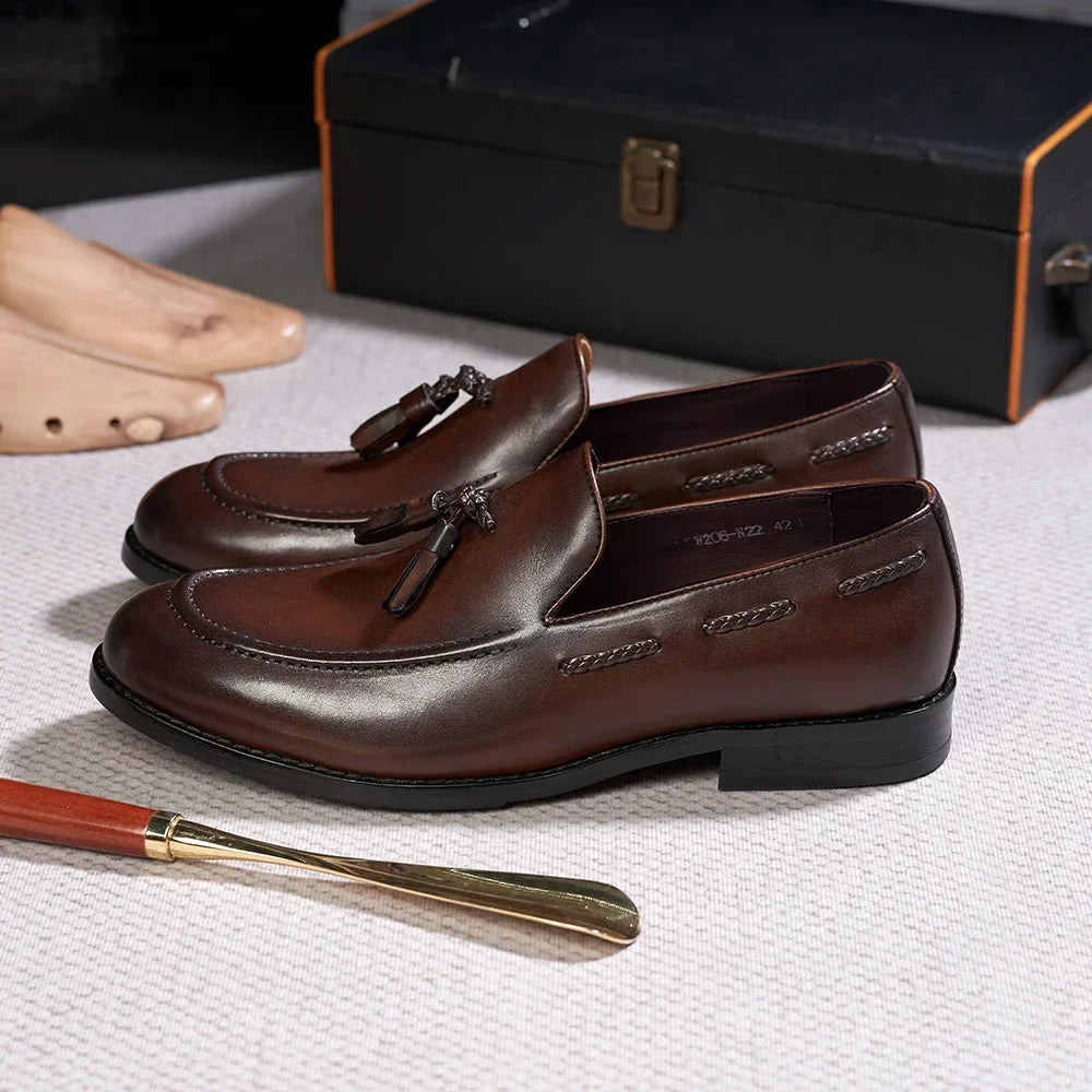 Men’s Genuine Leather Tassel Loafers - Handmade Slip-On Casual Dress Shoes for Office Wedding and Daily Wear