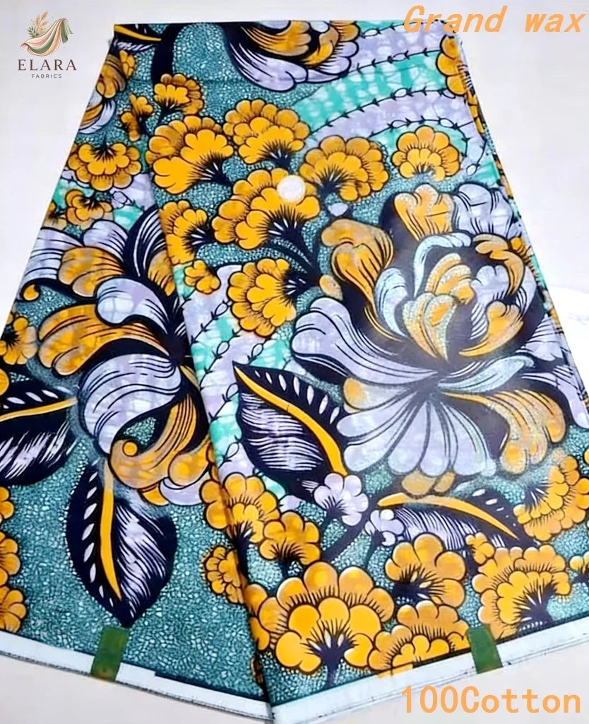 Grand Super African Wax Fabric - 100% Cotton Nigerian Glitter Glam Gold Ankara Print for Sewing