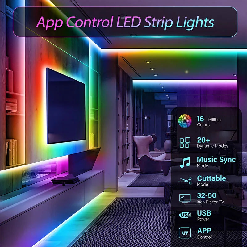 RGB LED Light Strip - USB 5V TV Backlight Flexible Lamp With APP Remote Control for Party Decor