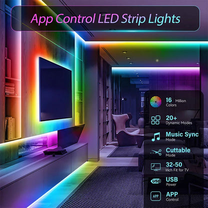 RGB LED Light Strip - USB 5V TV Backlight Flexible Lamp With APP Remote Control for Party Decor