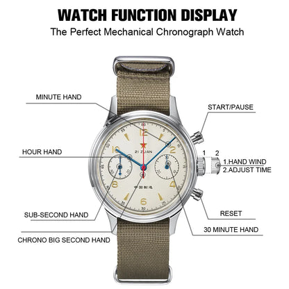 RED STAR 1963 Men's Chronograph Watch - 38mm Pilot Design with Seagull ST1901 Movement & Sapphire Glass