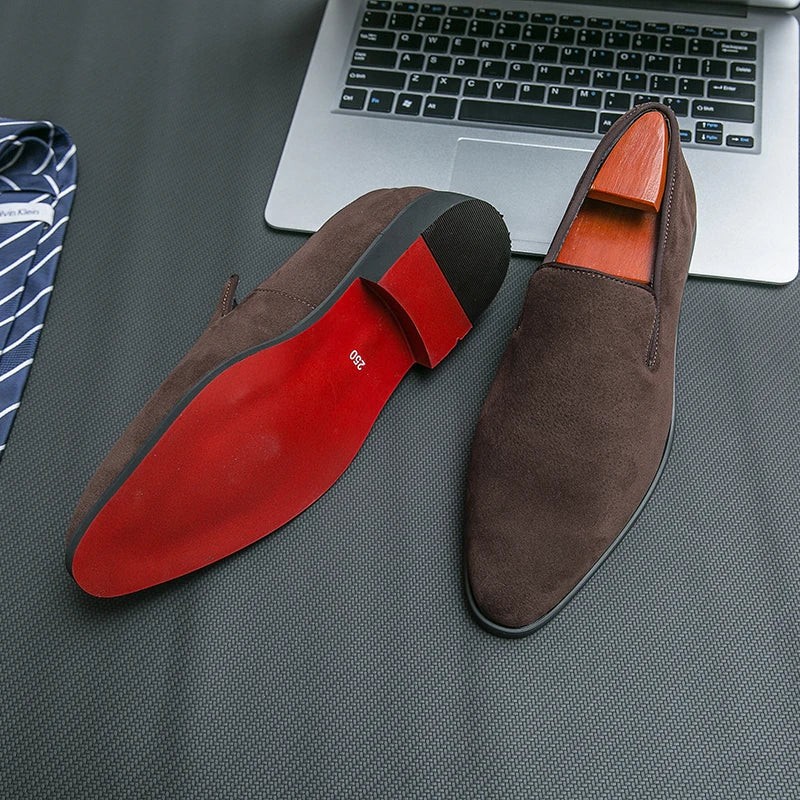 Men’s Red Bottom Loafers - Flock Slip-On Party Dress Shoes Sizes 38-48