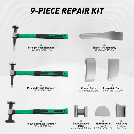 9PCS Car Dent Repair Tool Kit – 45# Steel Hammer & Lining Irons Set for Auto Body Repair, Motorcycle & Sheet Metal Fixing