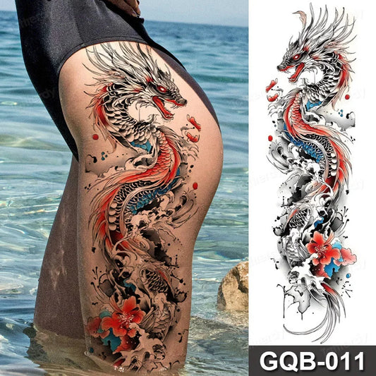 Full Arm Dragon Skull Tattoo Sleeve - Waterproof Temporary Body Art Sticker with Clock Compass Flower Design for Men & Women