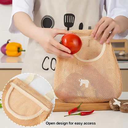 Reusable Hanging Mesh Storage Bag – Kitchen Fruit & Vegetable Organizer Net Bag for Onions, Garlic, Potatoes & Ginger