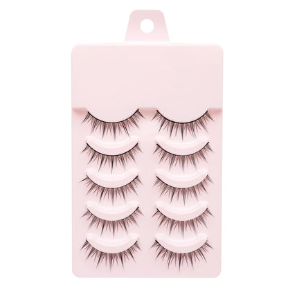 Manga Lashes 5 Pairs – Anime Cosplay Faux Mink Short Full Strip Lashes, Korean Natural Look, Clear Band Soft Eyelash Extensions