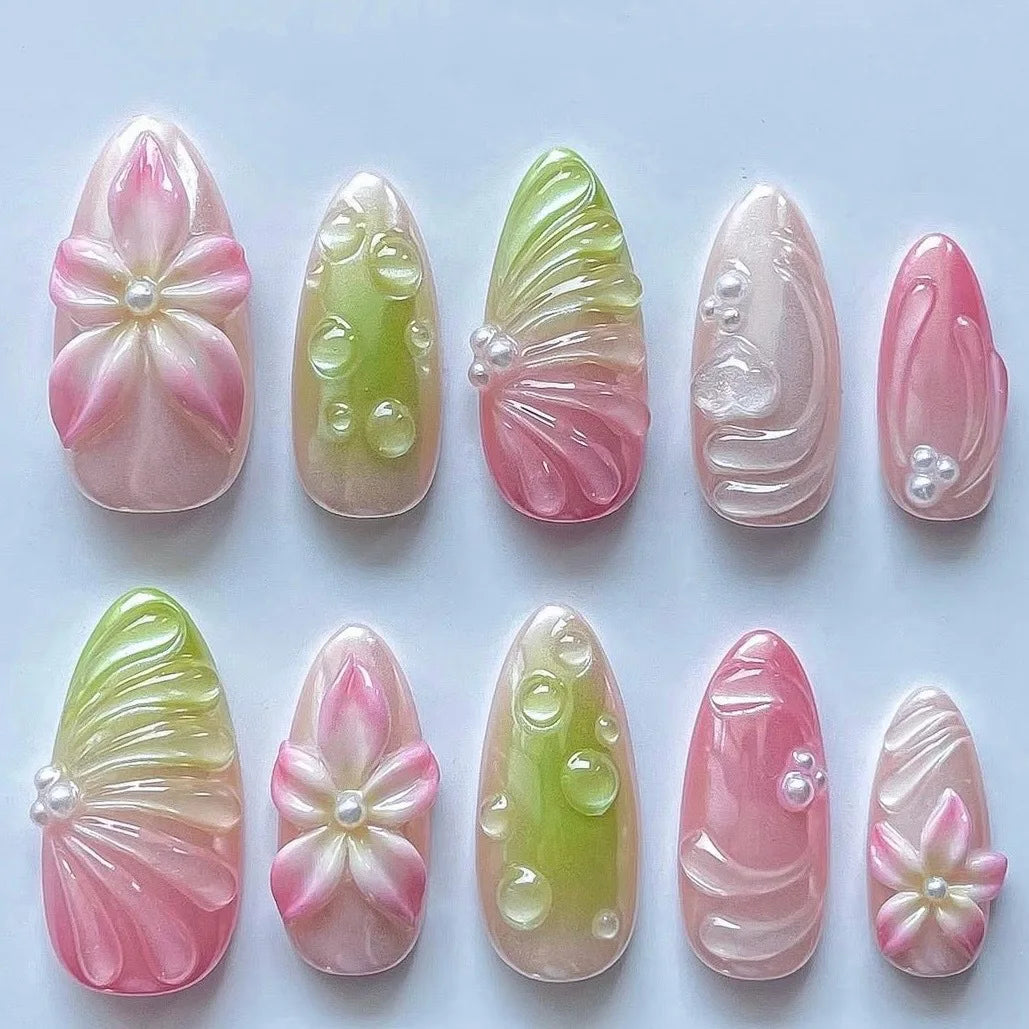 24PCS Strawberry Bow Press On Nails - Red Short Almond Pearl Starlight Floral False Nail Art Tips