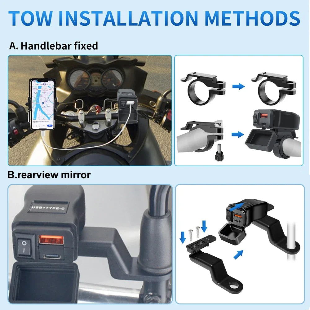 PD QC3.0 Motorcycle USB Fast Charger — 60W Dual USB Handlebar Socket with Switch & Voltmeter, Waterproof 12V Power Adapter