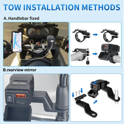 PD QC3.0 Motorcycle USB Fast Charger — 60W Dual USB Handlebar Socket with Switch & Voltmeter, Waterproof 12V Power Adapter