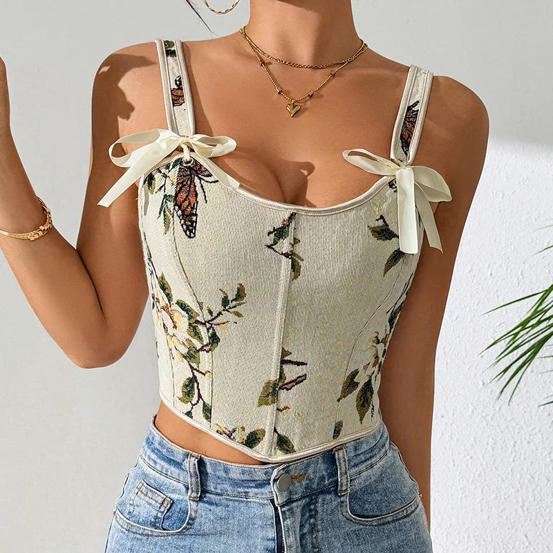 French Style Floral Corset Crop Cami – Bow Tie Lace-Up Spaghetti Strap Fitted Bustier Top for Women
