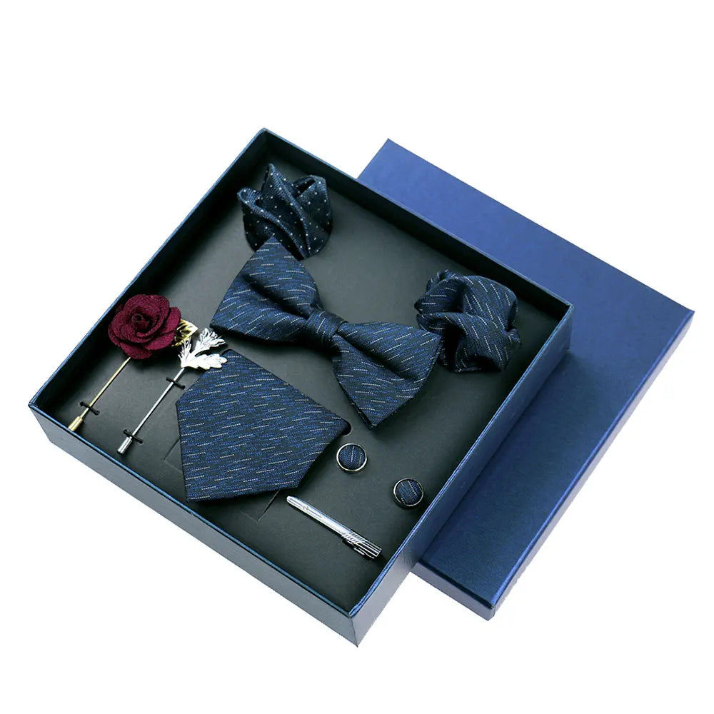 Men’s Luxury Silk Tie Set - 8cm Wedding Necktie with Bowtie, Pocket Square, Cufflinks & Floral Gift Box Accessories