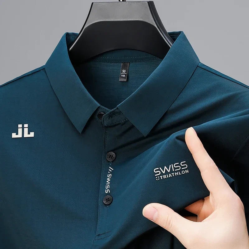 Men's Business Casual Polo Shirt - Short Sleeve Solid Color Top with Badge Detail