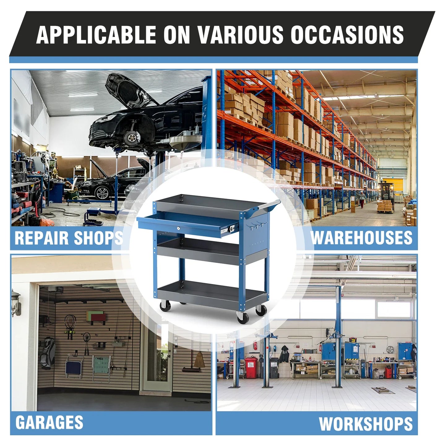 AIRAJ 3-Tier Rolling Tool Cart – 440LBS Capacity Mechanic Storage Cart on Wheels for Garage & Warehouse, Blue