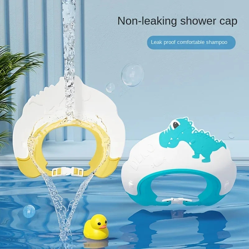 Baby Waterproof Shampoo Cap - Soft Rubber Adjustable Hair Wash Hat with Ear Protection & Dinosaur Design