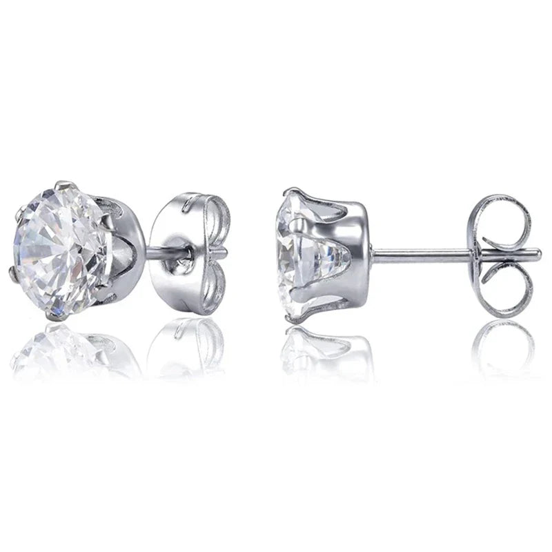 Unisex Stainless Steel Cubic Zirconia Stud Earrings Set (1–8 Pairs) – 6mm Minimalist Ear Piercing Jewelry for Men & Women